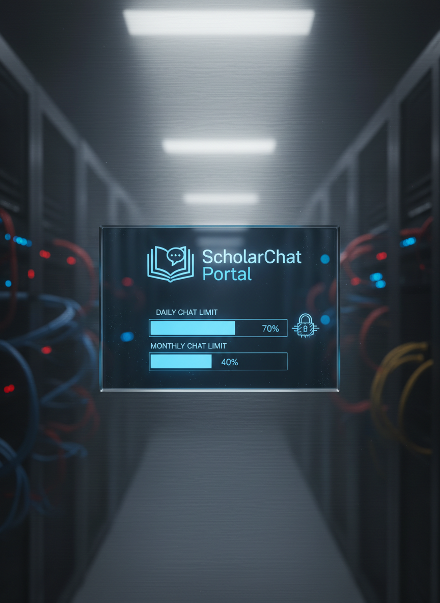A close-up of a secure digital access panel integrated into a brushed aluminum wall, displaying the ScholarChat Portal logo above a glowing status bar labeled with daily and monthly chat limits. The status bars are partially filled in controlled blue tones, hinting at responsible usage. A tiny encrypted padlock icon is crisply rendered near the display. Subtle overhead LED lighting creates refined highlights on the metal surface and fine, realistic reflections on the glass-covered screen. The background fades into a dark, softly blurred server-room environment with hints of cables and hardware. Photographic realism, centered composition with shallow depth of field, evokes a high-security, professional, and technologically advanced atmosphere.
