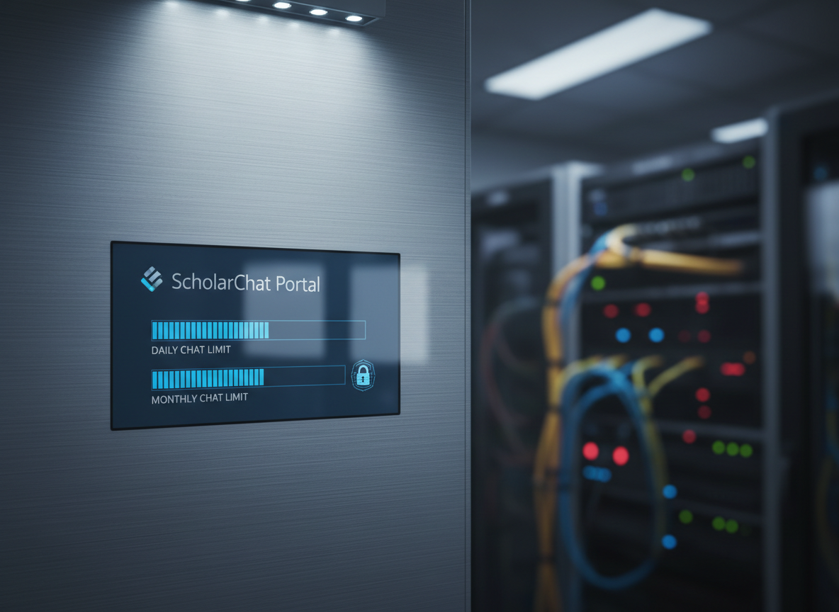 A close-up of a secure digital access panel integrated into a brushed aluminum wall, displaying the ScholarChat Portal logo above a glowing status bar labeled with daily and monthly chat limits. The status bars are partially filled in controlled blue tones, hinting at responsible usage. A tiny encrypted padlock icon is crisply rendered near the display. Subtle overhead LED lighting creates refined highlights on the metal surface and fine, realistic reflections on the glass-covered screen. The background fades into a dark, softly blurred server-room environment with hints of cables and hardware. Photographic realism, centered composition with shallow depth of field, evokes a high-security, professional, and technologically advanced atmosphere.