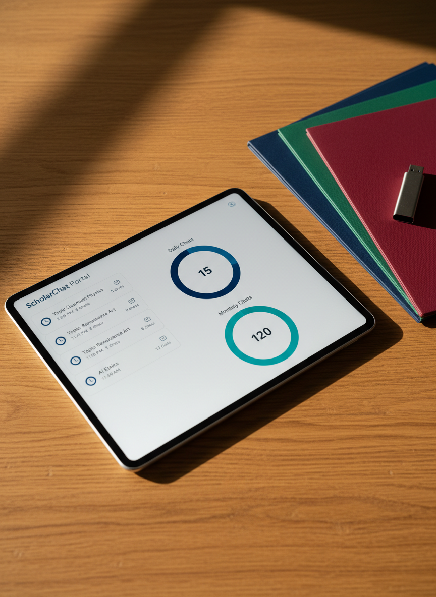 An organized digital workspace on a tablet lying flat on a warm oak desk, showing a ScholarChat Portal session history with timestamps, usage counts, and remaining daily and monthly chats shown as circular graphs in calm navy and teal. Next to the tablet, a stack of color-coded academic folders and a slim, stainless-steel USB drive add scholarly context. Late afternoon natural light from the side casts long, soft shadows and a gentle golden hue across the wood grain, enhancing texture. Photographic realism, captured from a slightly top-down angle with sharp focus throughout, creates a composed, reflective, and studious atmosphere that aligns with professional academic planning.