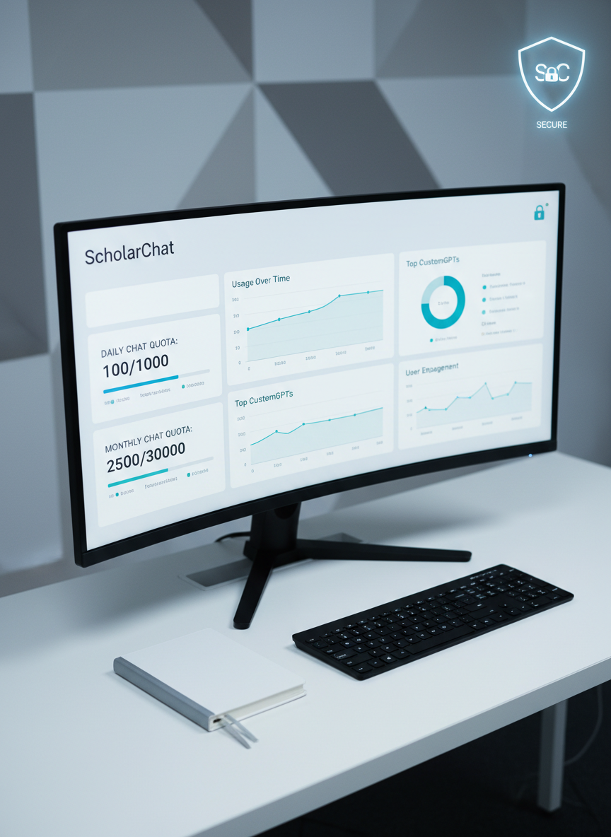 A modern, ultra-wide computer monitor on a tidy white desk, showing a detailed analytics-style overview of ScholarChat usage, with clearly labeled daily and monthly CustomGPT chat quotas in calm blue and teal tones. A minimalist, shield-shaped security emblem glows subtly in the corner of the interface. A black, wireless keyboard and a slim, silver academic planner lie neatly aligned in front. Cool, even studio lighting illuminates the scene, creating crisp edges and faint reflections on the glossy monitor. The background is a softly out-of-focus wall with abstract geometric patterns in muted grays. Photographic realism, slightly elevated angle, emphasizing clarity, precision, and a professional academic mood.