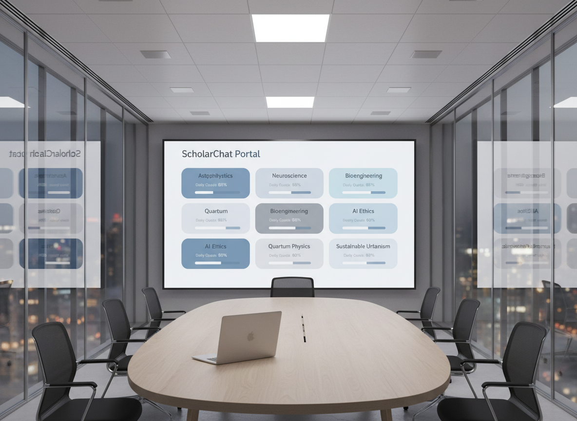 A glass-walled, high-tech study room with a large wall-mounted display showing a full-screen ScholarChat Portal overview: multiple academic subjects arranged in tidy tiles, each with a subtle daily and monthly chat quota indicator beneath. The interface uses a clean white background with restrained blues and grays. A single, closed laptop sits on a central conference table made of light ash wood, surrounded by empty ergonomic chairs to avoid any human presence. Recessed ceiling lights provide even, neutral illumination, while city lights glow softly through the glass walls in the background. Photographic realism, wide-angle shot with strong depth of field, conveying a professional, secure, and future-ready learning environment.
