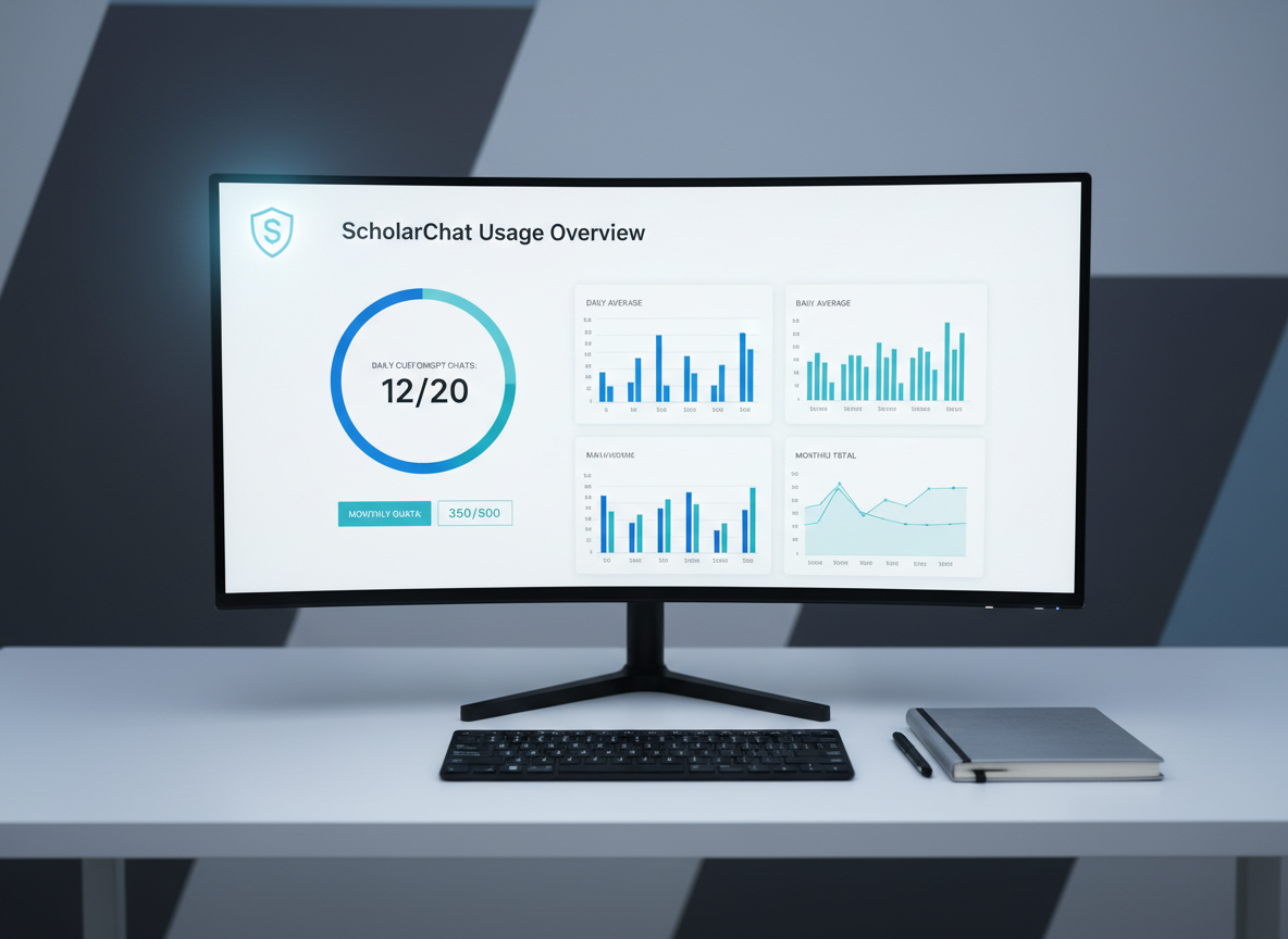 A modern, ultra-wide computer monitor on a tidy white desk, showing a detailed analytics-style overview of ScholarChat usage, with clearly labeled daily and monthly CustomGPT chat quotas in calm blue and teal tones. A minimalist, shield-shaped security emblem glows subtly in the corner of the interface. A black, wireless keyboard and a slim, silver academic planner lie neatly aligned in front. Cool, even studio lighting illuminates the scene, creating crisp edges and faint reflections on the glossy monitor. The background is a softly out-of-focus wall with abstract geometric patterns in muted grays. Photographic realism, slightly elevated angle, emphasizing clarity, precision, and a professional academic mood.