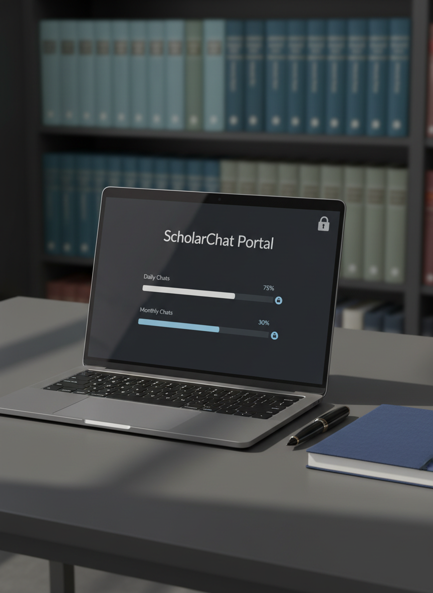 A sleek, high-resolution laptop screen displaying a clean ScholarChat Portal dashboard, with a minimalist interface showing daily and monthly chat limit indicators as precise progress bars and a secure lock icon. The laptop rests on a dark matte desk beside a closed, navy-blue academic notebook and a slim fountain pen. Soft, diffused daylight from an unseen window creates gentle reflections on the laptop’s metallic casing and subtle shadows along the desk edge. The background is softly blurred bookshelves filled with neatly arranged scholarly texts. Photographic realism, shot at eye level with a shallow depth of field, conveys a professional, trustworthy, and focused atmosphere suitable for an education portal.