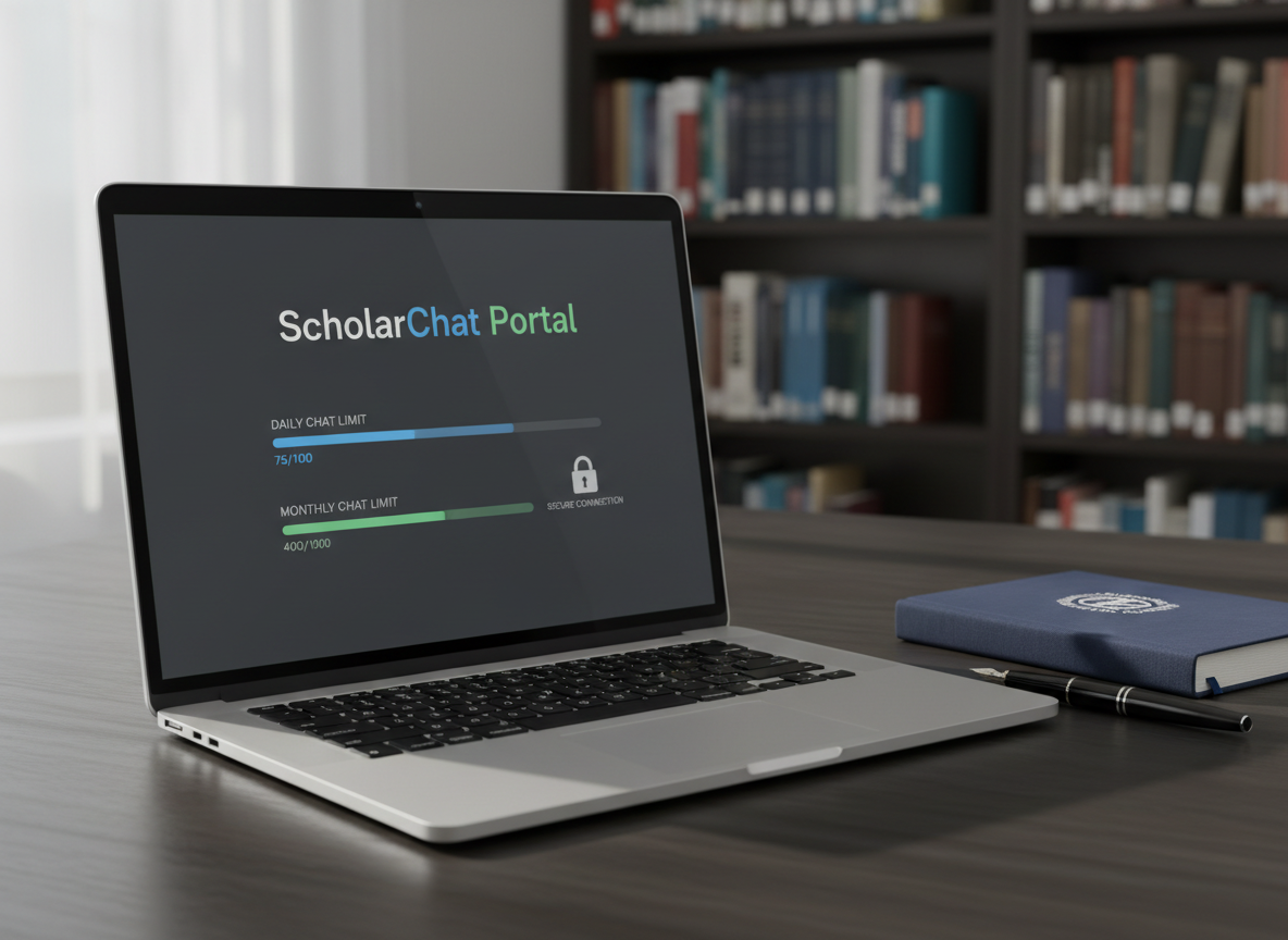 A sleek, high-resolution laptop screen displaying a clean ScholarChat Portal dashboard, with a minimalist interface showing daily and monthly chat limit indicators as precise progress bars and a secure lock icon. The laptop rests on a dark matte desk beside a closed, navy-blue academic notebook and a slim fountain pen. Soft, diffused daylight from an unseen window creates gentle reflections on the laptop’s metallic casing and subtle shadows along the desk edge. The background is softly blurred bookshelves filled with neatly arranged scholarly texts. Photographic realism, shot at eye level with a shallow depth of field, conveys a professional, trustworthy, and focused atmosphere suitable for an education portal.